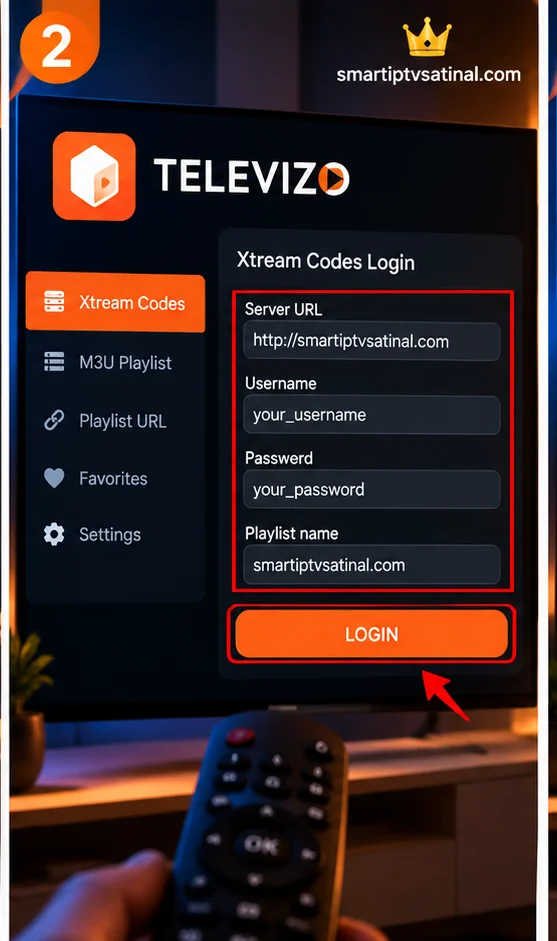 Xtream IPTV kurulum server URL kullanıcı adı ve şifre ekranı